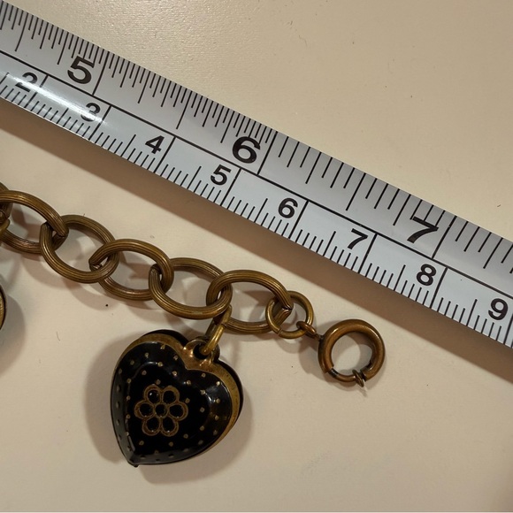 Antique Victorian revival art deco Brass Black enamel Heart Charm bracelet - Picture 8 of 17